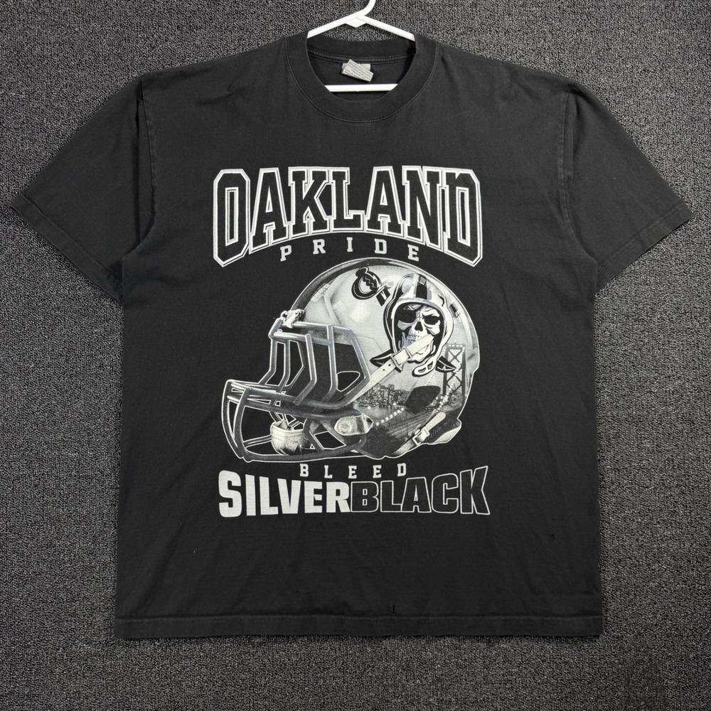 Vintage Oakland Raiders Pride Bleed Silver Black Tee Mens 2XL Skull Shaka Wear
